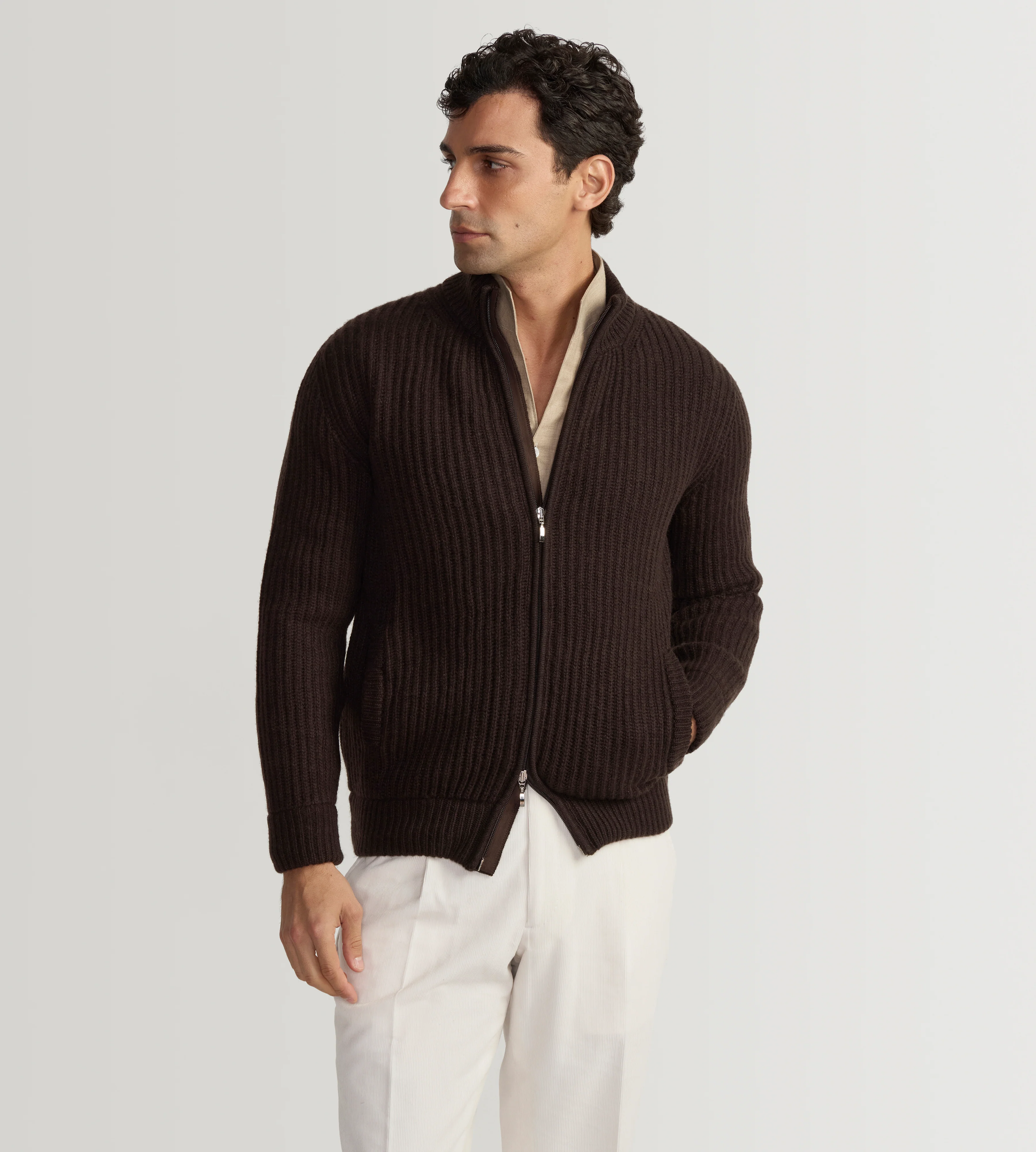 Cardigan zippé à col cheminée en laine et cachemire - Image 3