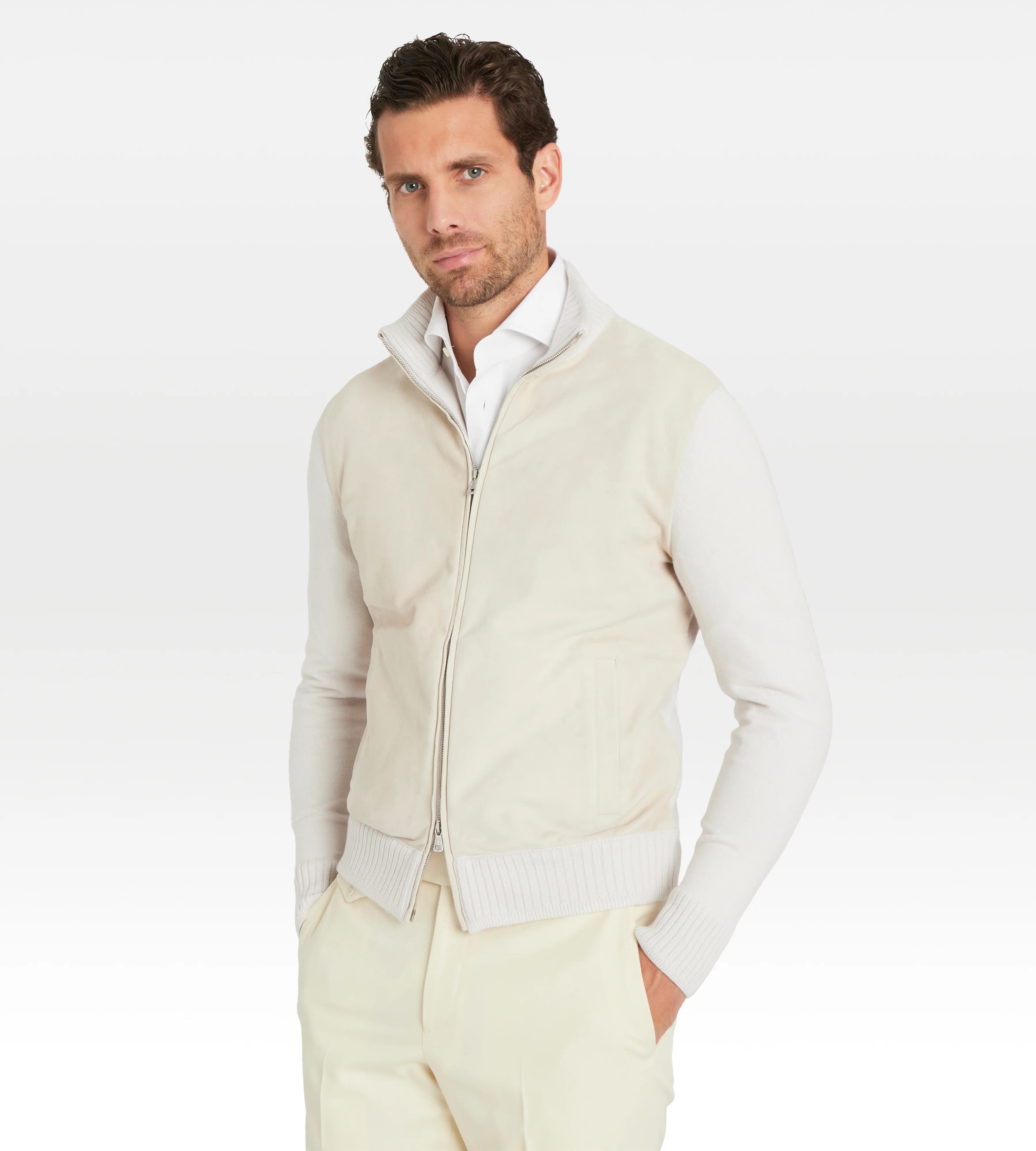 Pull à zip beige en daim et cachemire - Image 3