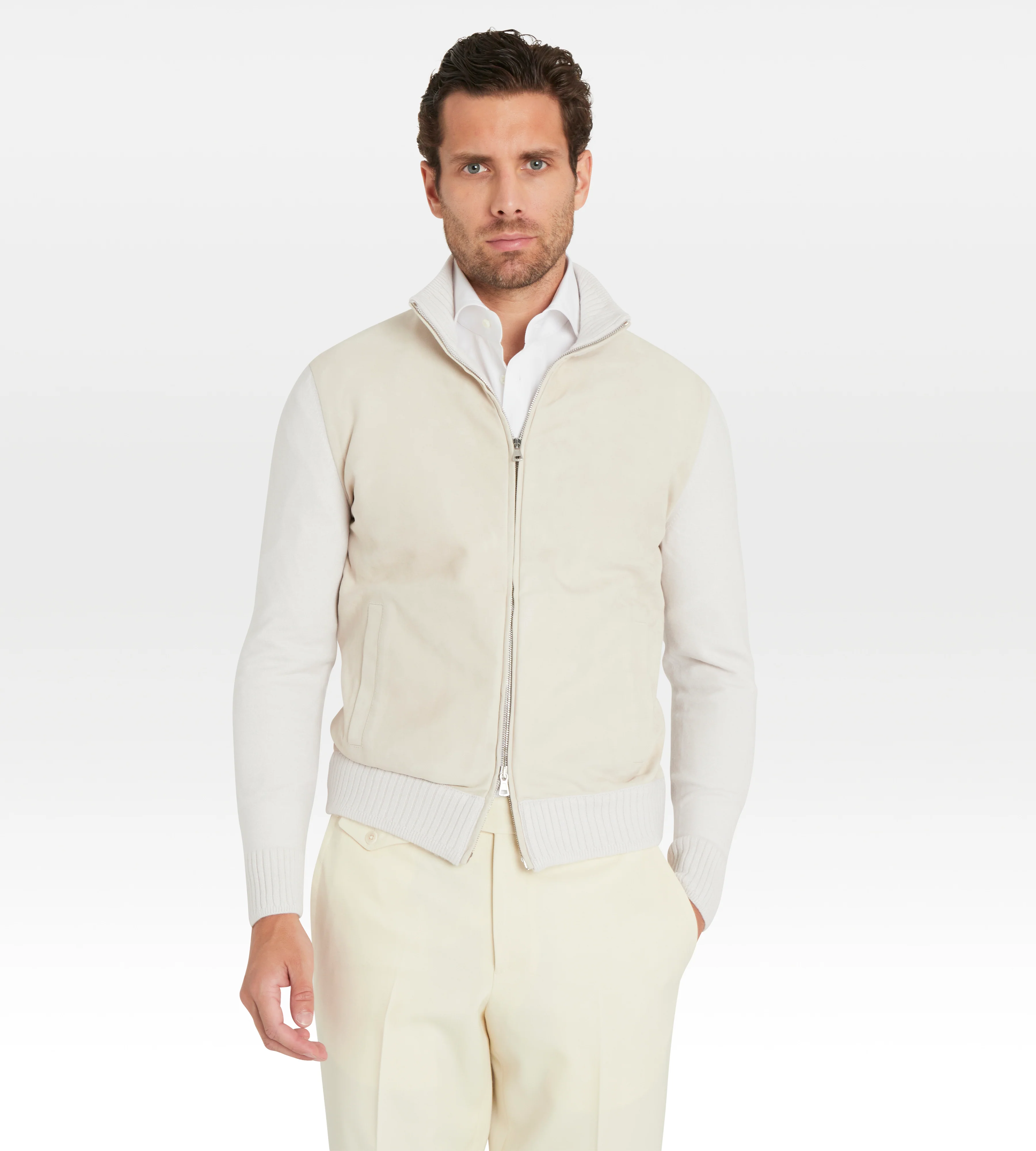 Pull à zip beige en daim et cachemire - Image 5