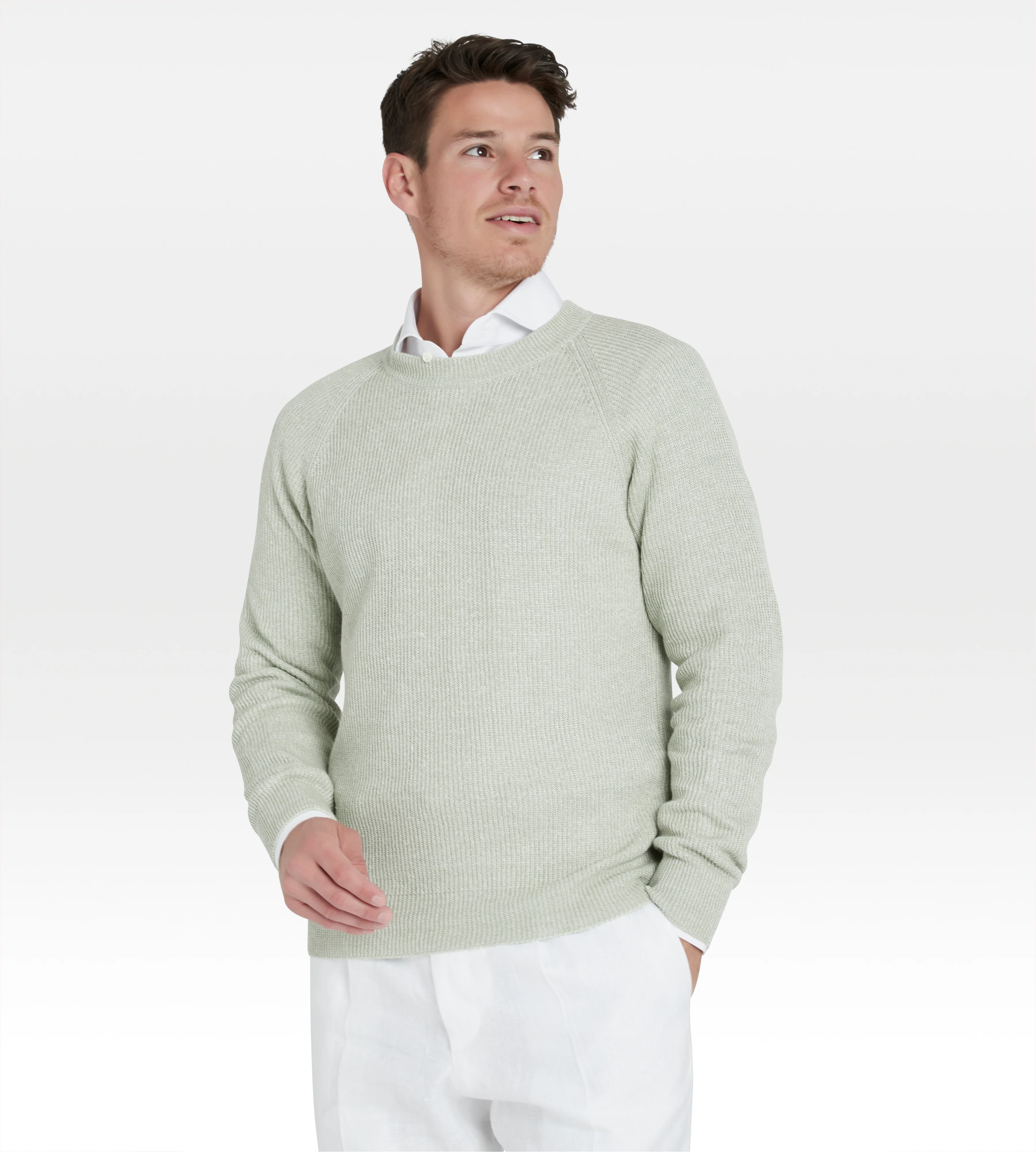Pull col rond en lin & coton vert clair - Image 2